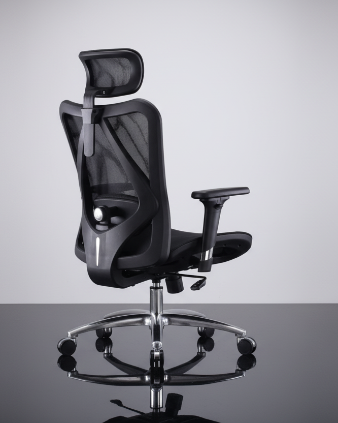 Black office chair with mesh backrest on a gray background