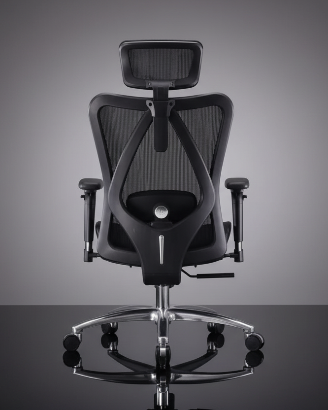 Black office chair with headrest on a reflective surface and gradient background