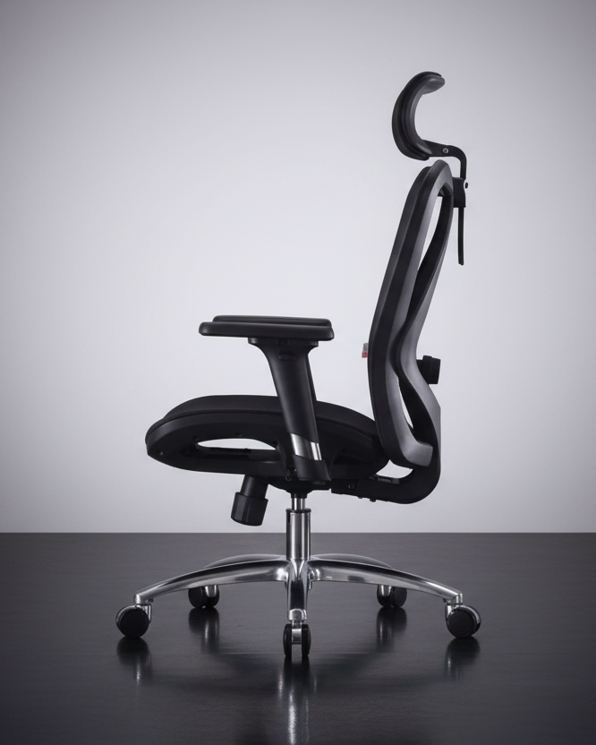 Black office chair on a dark surface with a gray background